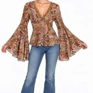 Dungaree Paisley Blouse Large Bell Sleeve Lace Trim V Neck Western Boho Made USA